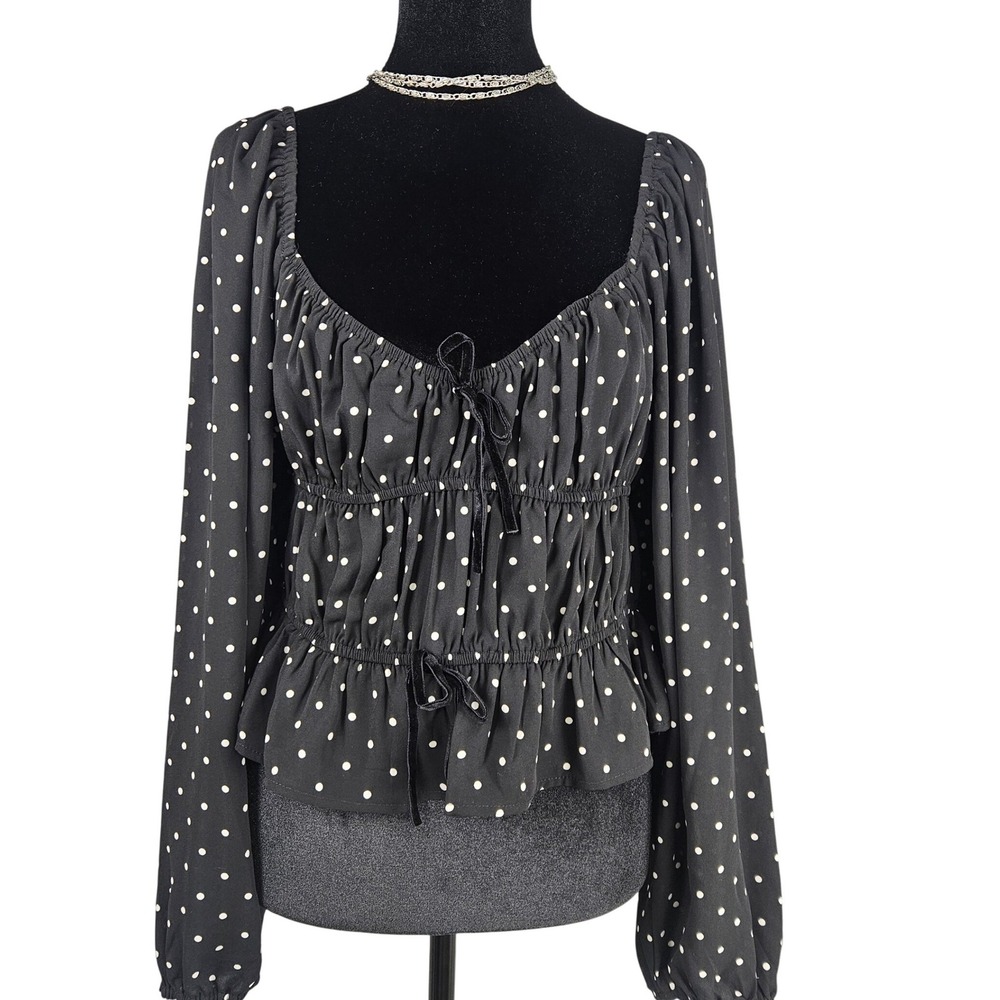 WAYF Womens Polka Dot Smocked Peplum Blouse Black White Long Sleeve Medium NWT